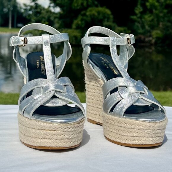 NEW Saint Laurent Tribute Espadrille Wedge Sandals YSL Metallic Silver Italy 36 - Picture 5 of 16